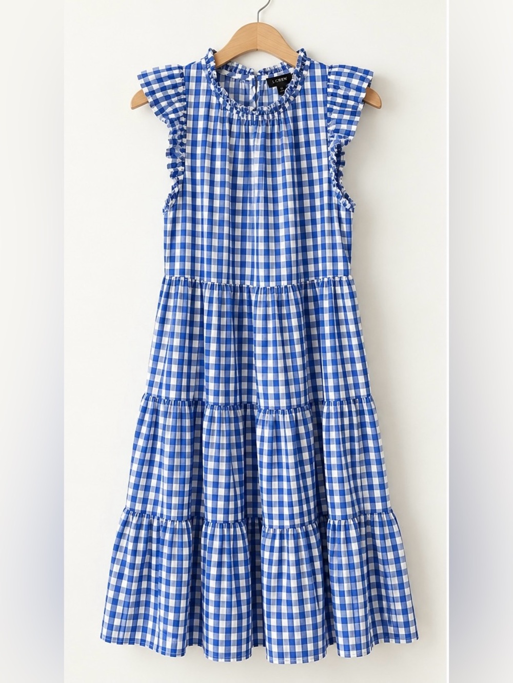 J.Crew Blue White Gingham Ruffle Collar Flutter Sleeve Tiered Maxi Dress Size S